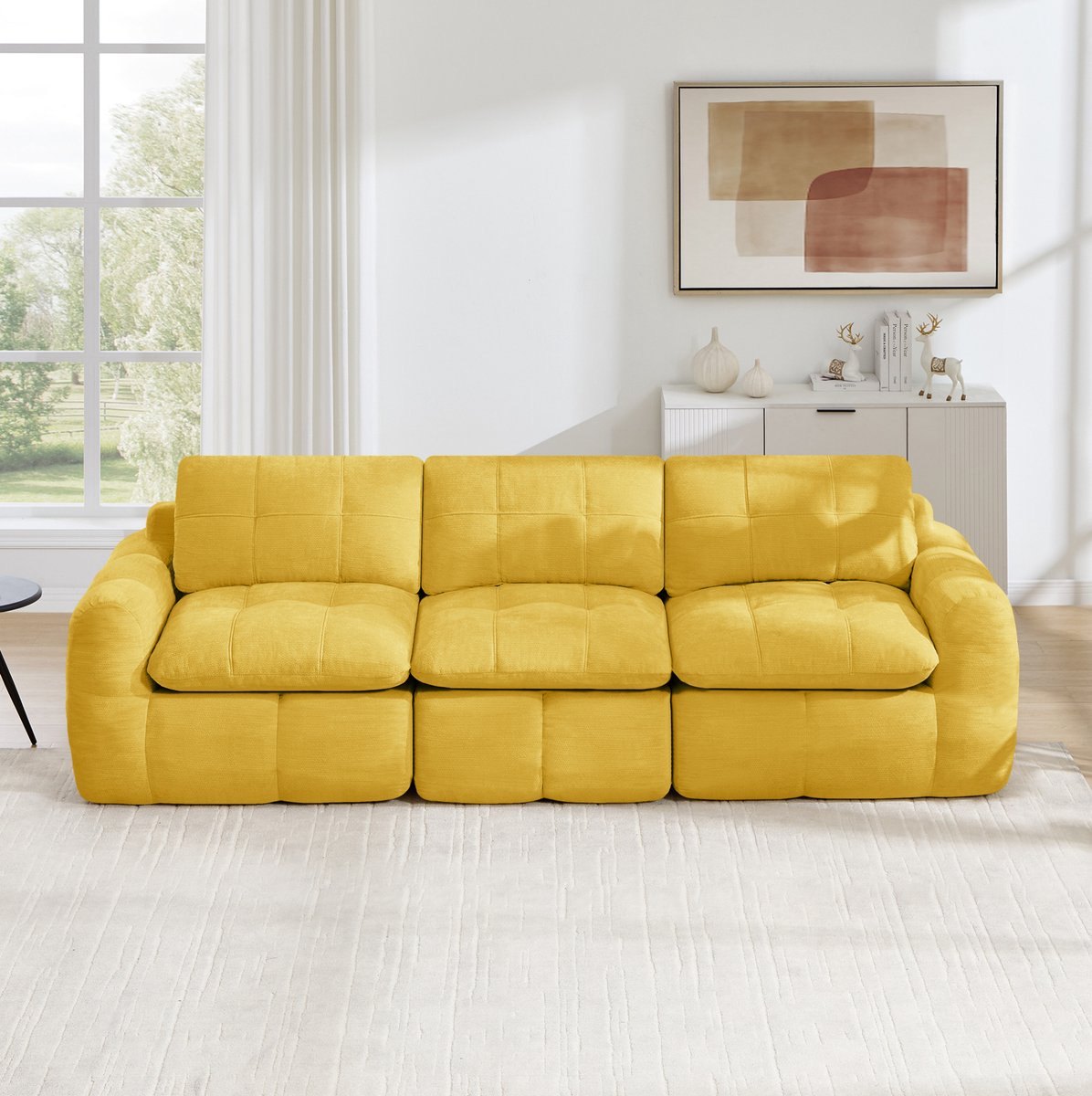 FloraGrace Zitbank 3-Zits - Frameloos Modulair Sofa Met Gruitstikpatroon - Voor Woonkamer En Lounge - Chenille - Geel