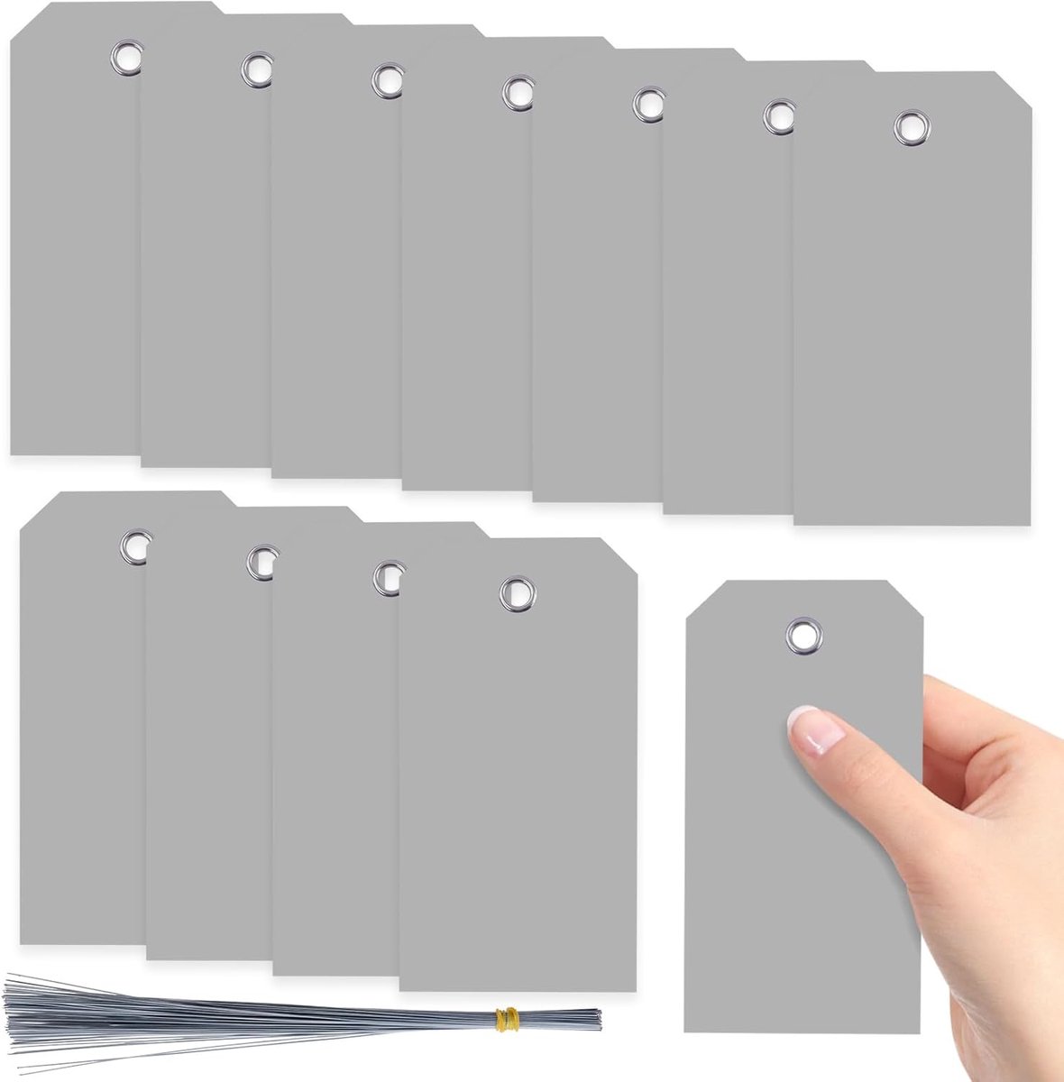 SnelShoppen - 200 Stuks Grijze Waterdichte Schrijfbare Plastic Hangtags met Oogjes en Draad voor Labelen van Bagage en Productidentificatie, 12x6cm