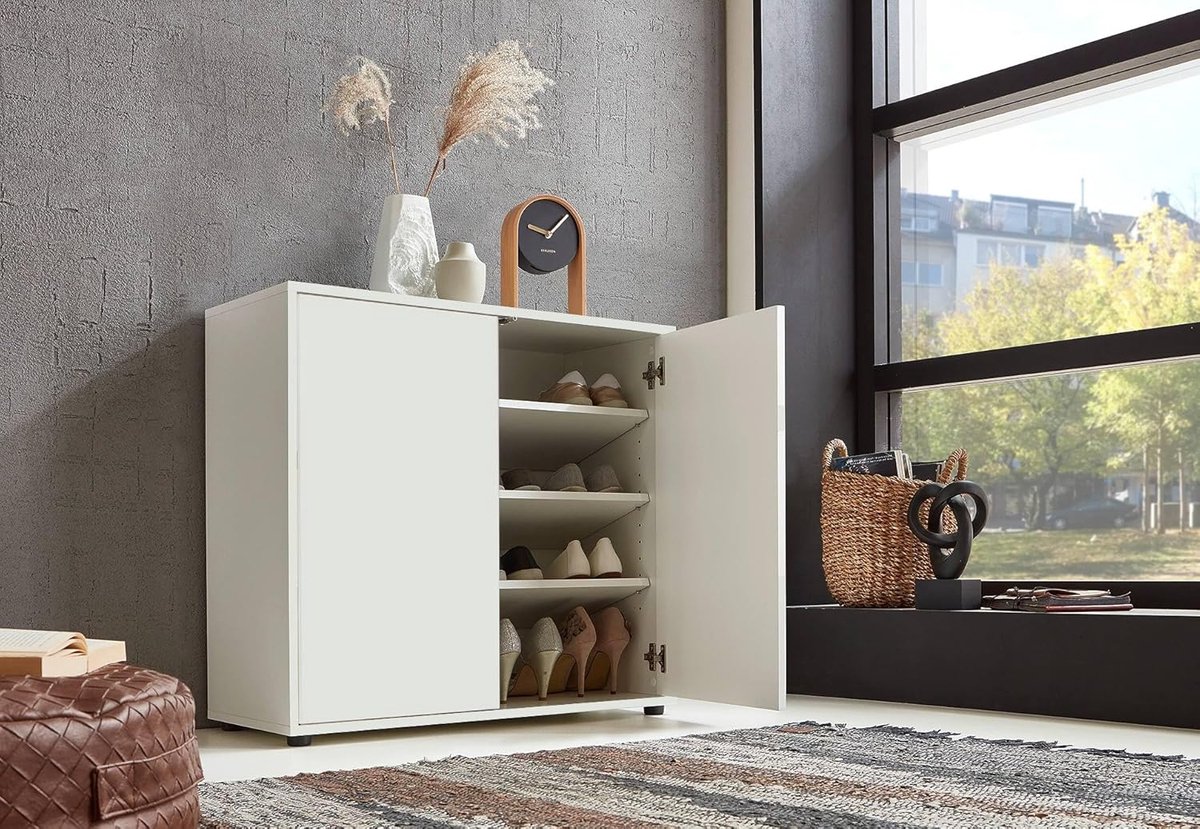 SnelShoppen - Schoenkast met lades 'Milan 4', opbergruimte voor 16 paar schoenen, matte witte afwerking, ideaal voor slaapkamer