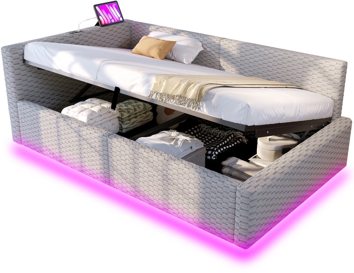 REDOM- Bed met opbergruimte - Hydraulisch bedframe - LED-verlichting - USB- en Type-C-oplaadpoort - Stof - Grijs - 90 x 200 cm