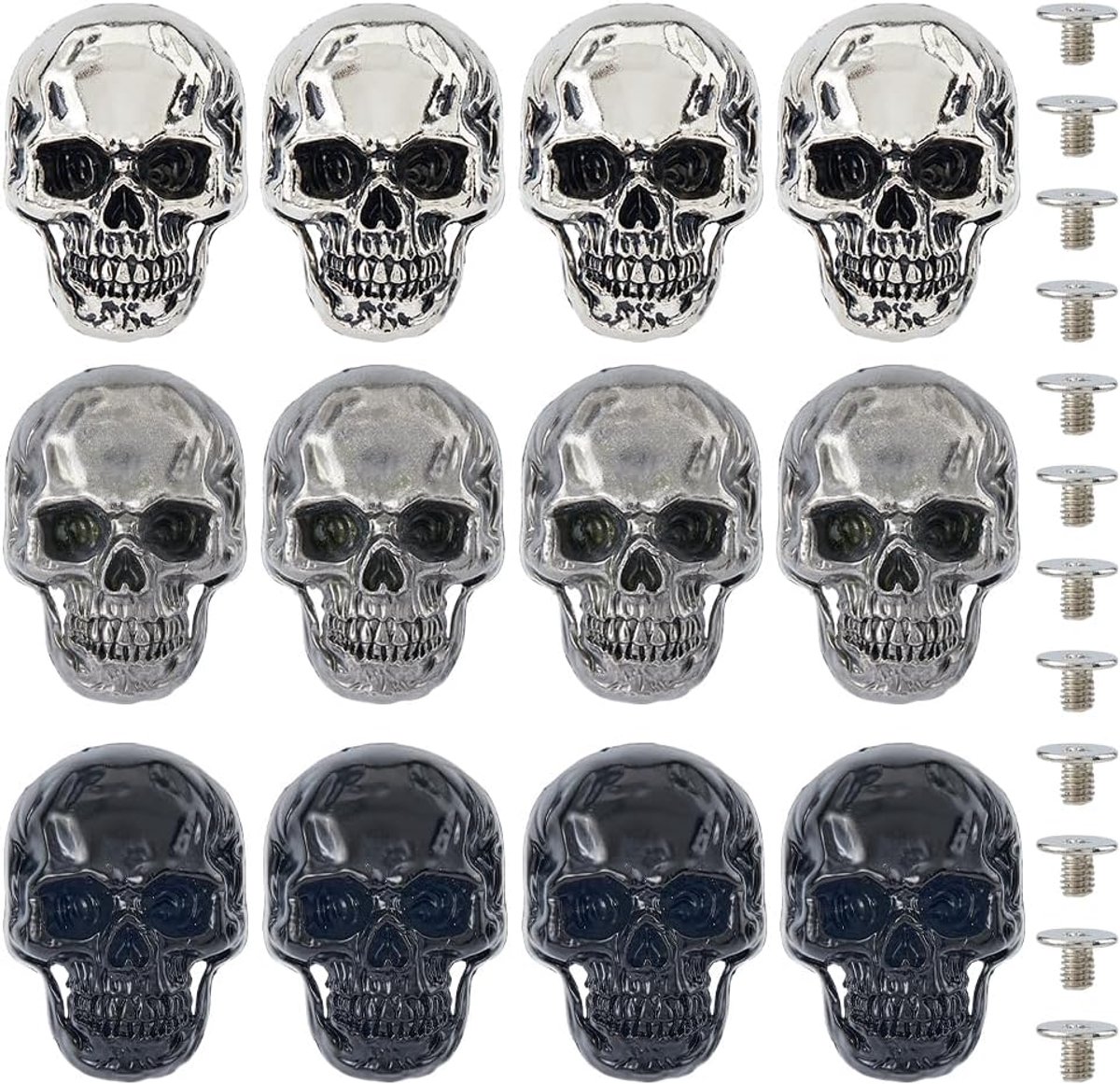 SnelShoppen - 12 Stuks Skull Rivetten met Schroef Achterkant - Punk Stijl Kleding Accessoires - 3 Kleuren - Leer Decoratie - DIY Craft - 0.3cm Gat