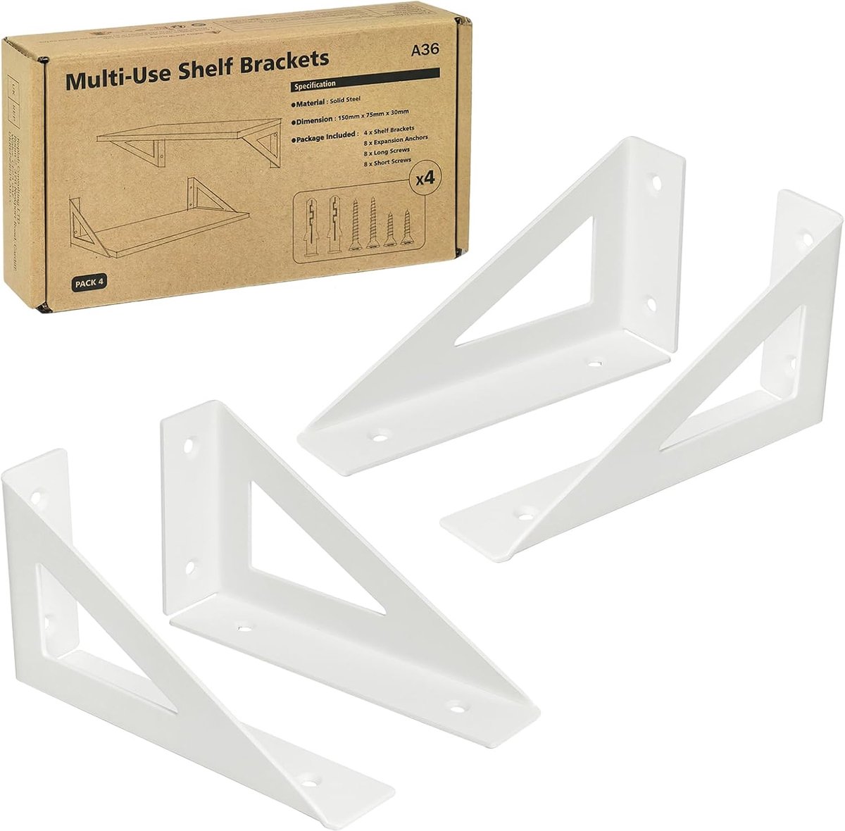 SnelShoppen - Set van 4 witte plankensteunen 15 cm, stevige driehoekige structuur, 90 graden hoek, ideaal voor wanddecoratie in woonkamer, keuken en a