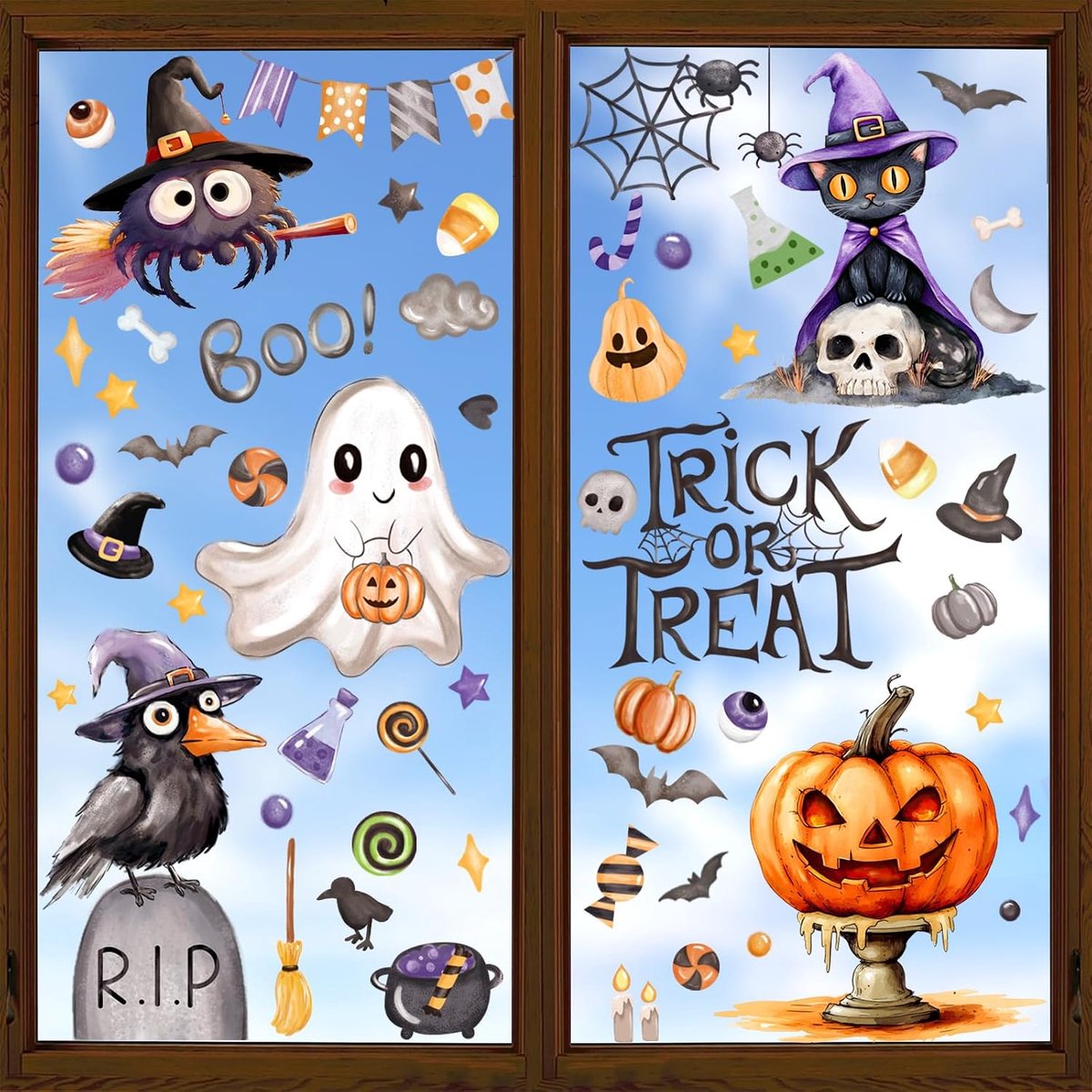 Halloween stickers - Halloween raamstickers - Raamstickers halloween - Halloween raamdecoratie – Halloween Raamstickers 6 Stuks – Dubbelzijdige PVC Raamstickers met Spook - Pompoen -Zwarte Kat en Spin - Zonder Lijm