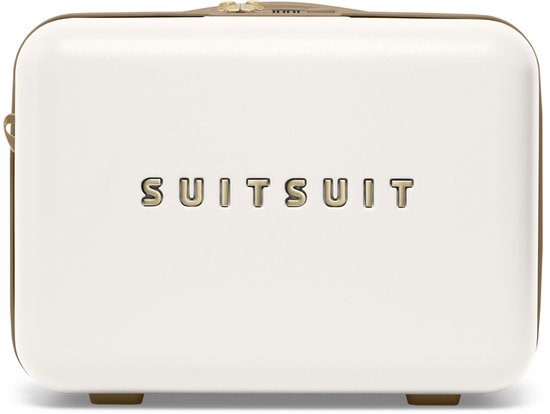 Witte koffer met 'SUITSUIT' logo en bruine rand, op witte achtergrond.