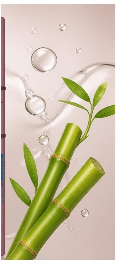 Twee groene bamboestengels met bladeren en waterdruppels.