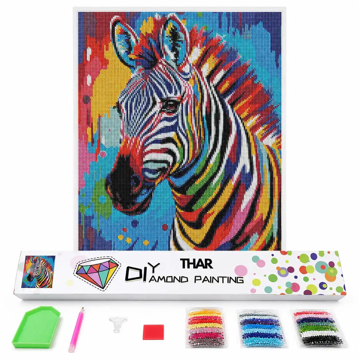 THAR Diamond Painting Kleurrijke Zebra - 40x50 cm - Ronde Steentjes