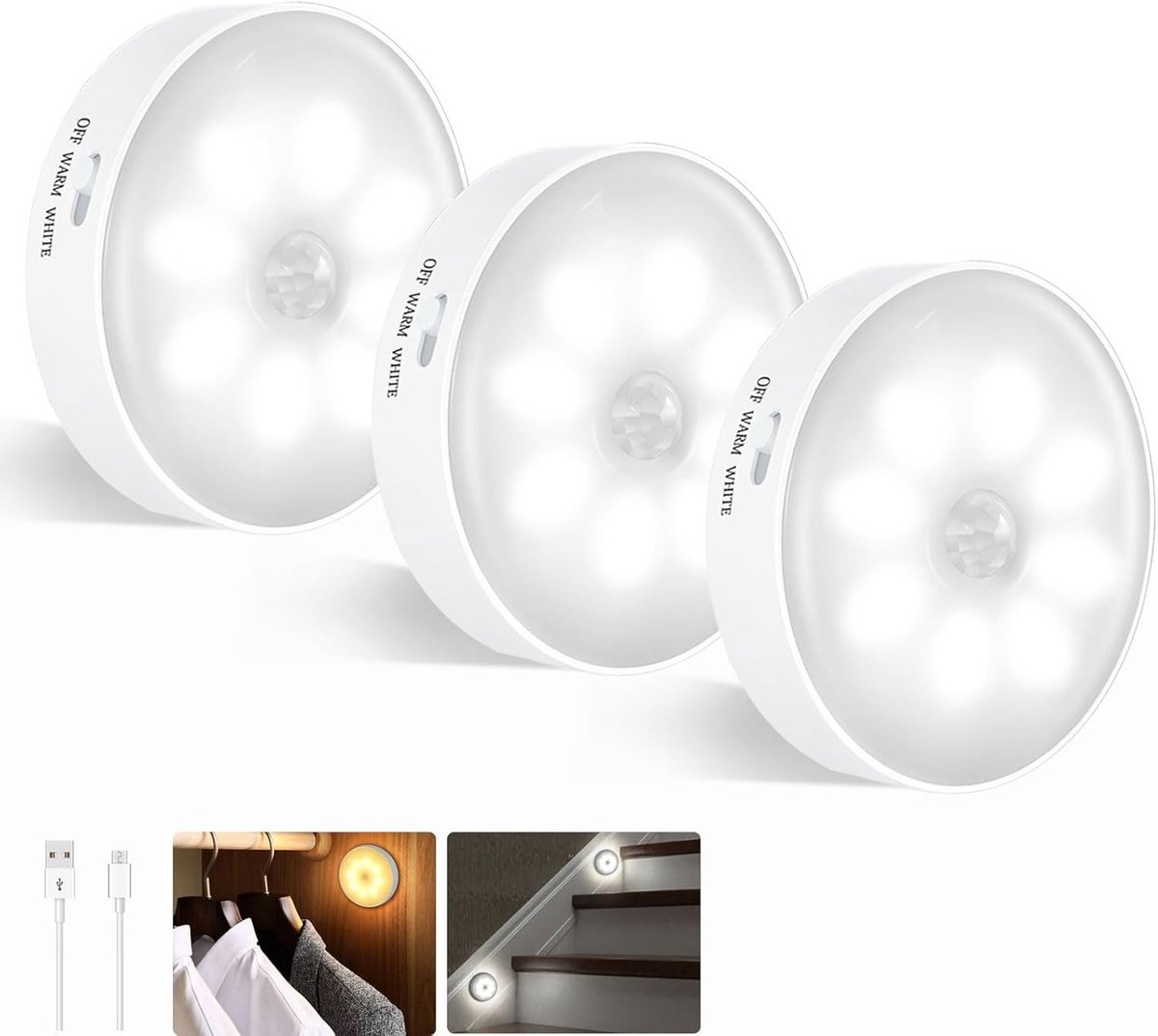 Slimme Beweging Sensor Verlichting voor Binnen, Dimbare LED Nachtlampen, Oplaadbare Magnetische Lampen voor Trap, Slaapkamer en Keuken - 3 Stuks