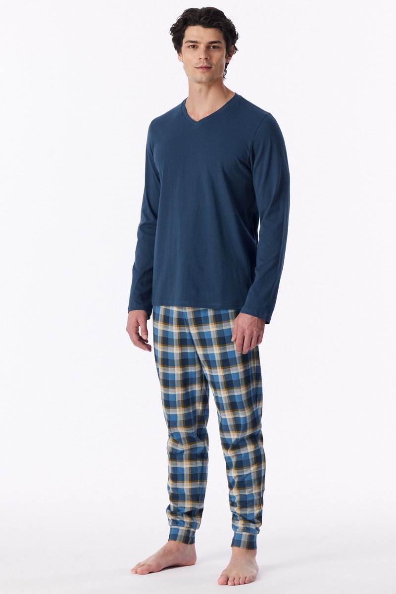 Schiesser Casual Essentials lange pyjama met manchetten - deepblue dessin deep blue