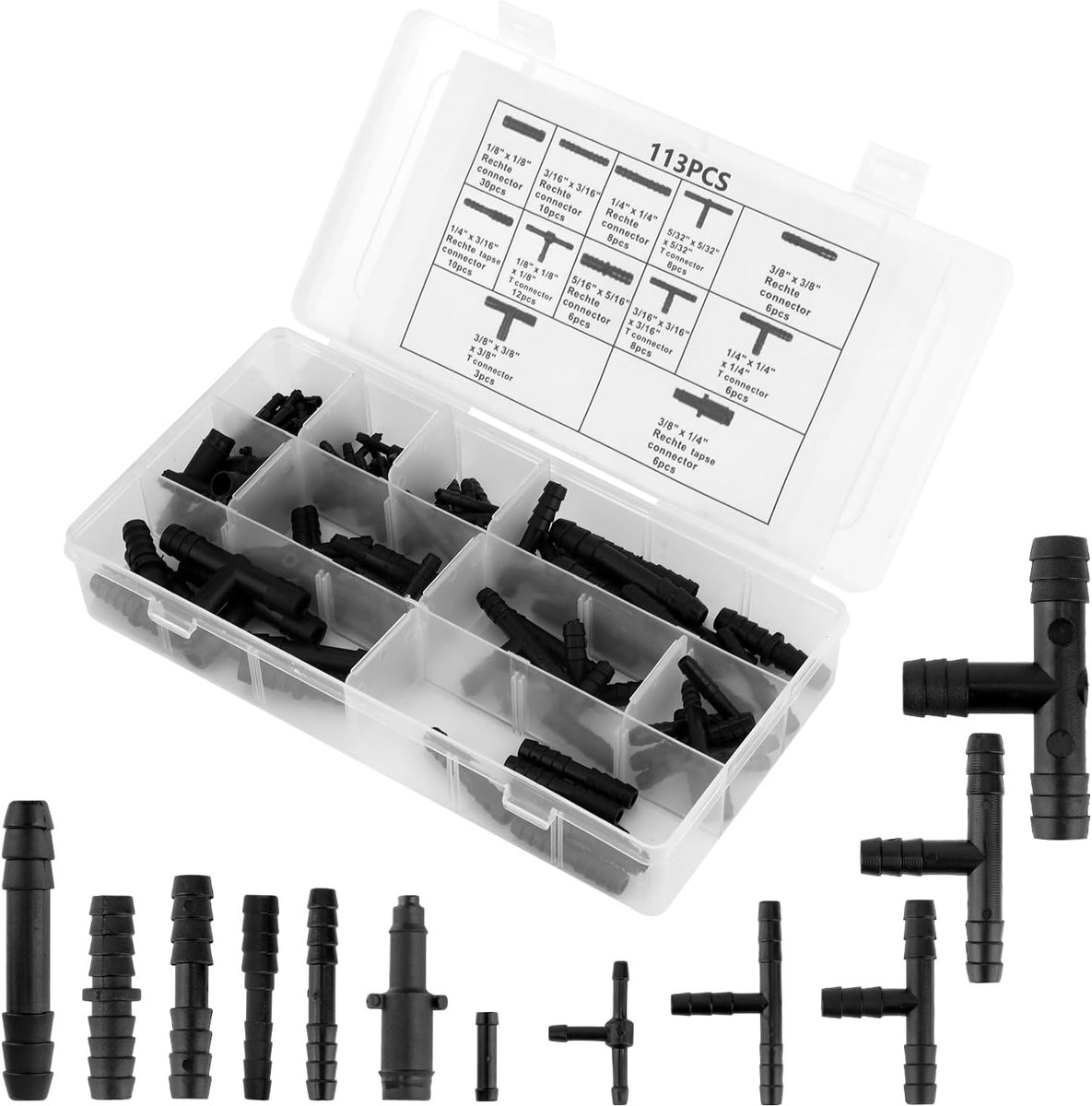 SnelShoppen - 113-delige Assortiment Vacuüm Aansluitingen, Automatische Vacuüm Slang Aansluitingen, T-Stuk/Reductor/Rechtdoor Vacuüm Slang Fittingen -