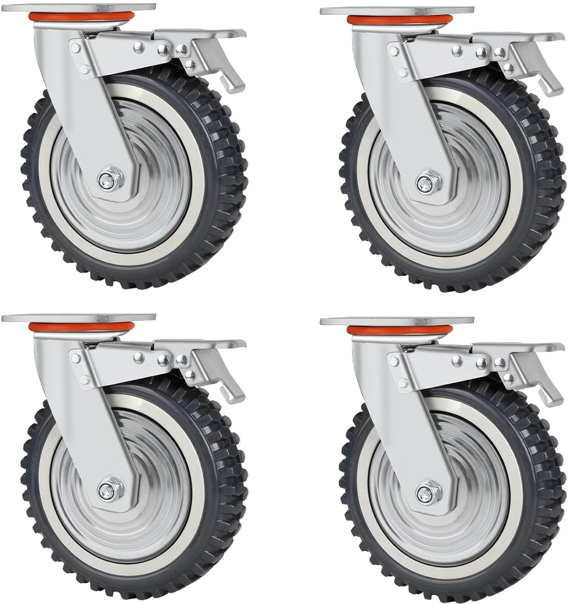 SnelShoppen - DBREAKS Zware Duurzame Transportwielen 200 mm - 4 x Vaste Zwenkwielen en 4 x Zwenkwielen met Rem - 360° Massieve Rubber Wielen tot 2000