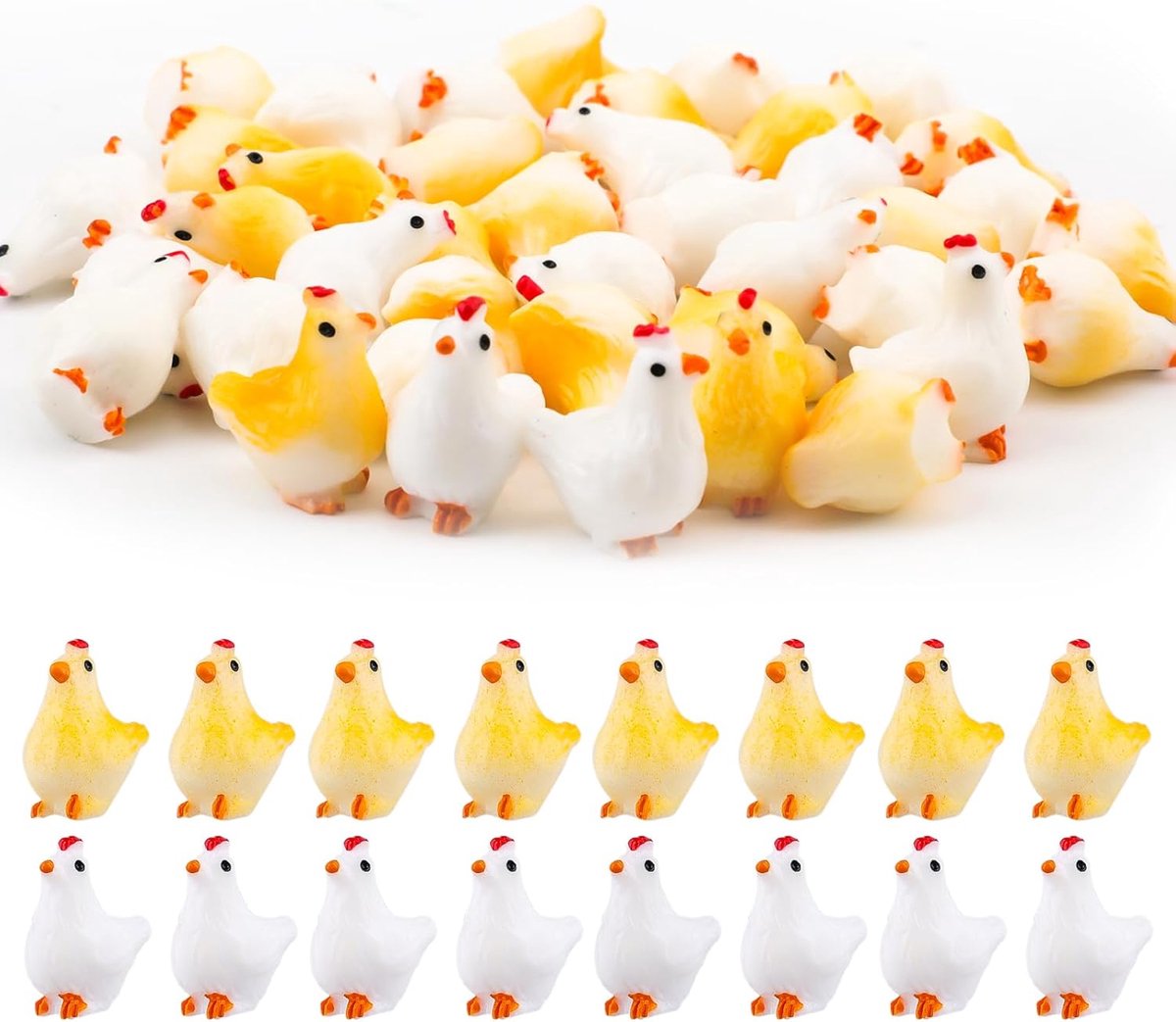 SnelShoppen - 40 Stuks Miniatuur Kippen Figuren, 2 Kleuren Kleine Hars Kippen Mini Dieren Model Mini Kuikens Ornament Speelgoed Hars Kip Decoratie voo