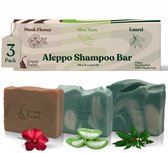 Drie Green Fadel Aleppo shampoo bars: Musk Flower (bruin), Aloe Vera (groen met wit) en Laurel (donkergroen met lichtgroen).