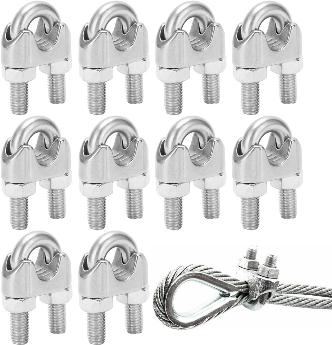 SnelShoppen - 10 Stuks M3 Draadklemmen RVS 304 voor Stalen Kabels, Draadclips met Sluitmoer, Roestvrij Staal, Duurzaam, Tuin en Buitengebruik