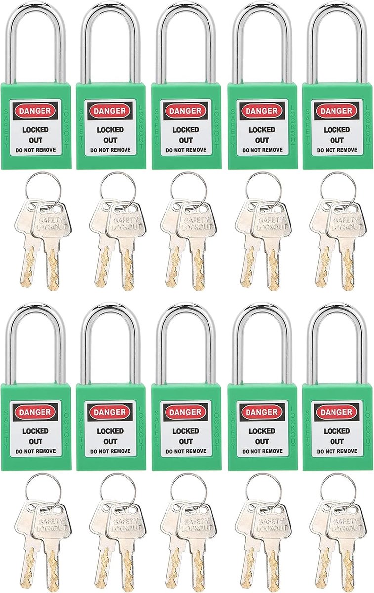 SnelShoppen - 10 Sets 38mm Nylon Tagout Sloten met 20 Vervangende Sleutels voor Industriële Beveiliging, Groene Kleur, Duurzaam en Veilig
