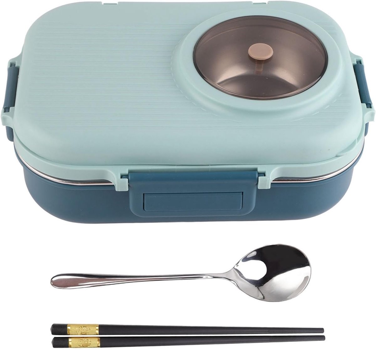 SnelShoppen - Thermos Lunchbox Dubbele Laag 3-Vaks RVS Box met 1100ml Capaciteit, Voor Volwassenen, Tieners, Kinderen, Inclusief Soepkom en Bestek, Vo