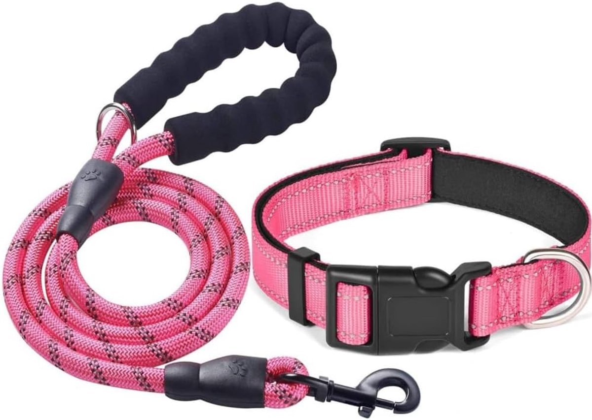 SnelShoppen - Reflecterende Hondenhalsband en Leiding, Verstelbare Hondenhalsband, Duurzame Nylon Leash voor Middelgrote en Grote Honden, Roze, M