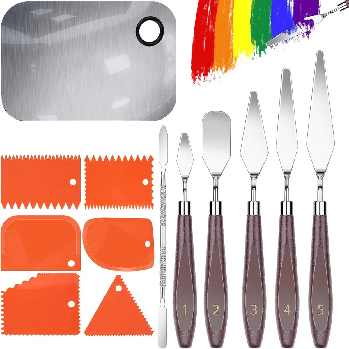 SnelShoppen - 13-delige Spatelset voor Structuurpasta, Acrylverf, Canvas, 5 Verfknives, 6 Krabknives, Roestvrij Staal, Palet, Schilderset, Creatief Ge