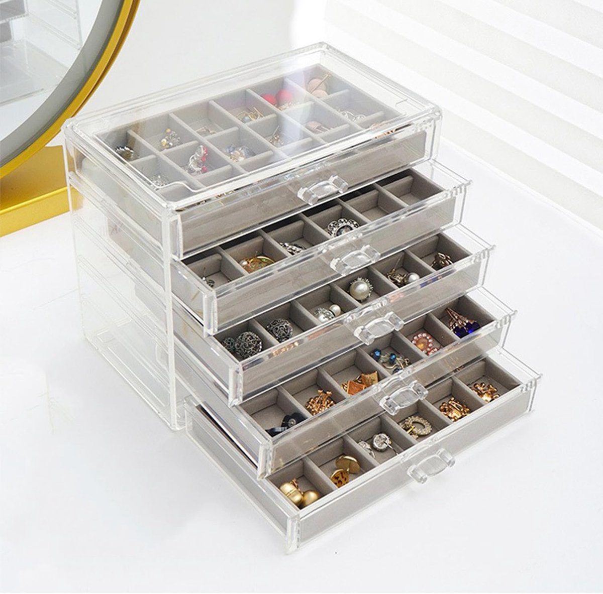 SnelShoppen - Oorbellenopbergdoos, Acryl Sieraden Organizer met Fluwelen Lades, Earring Organizer Display Case voor Vrouwen en Meisjes (Grijs, 5 Lades