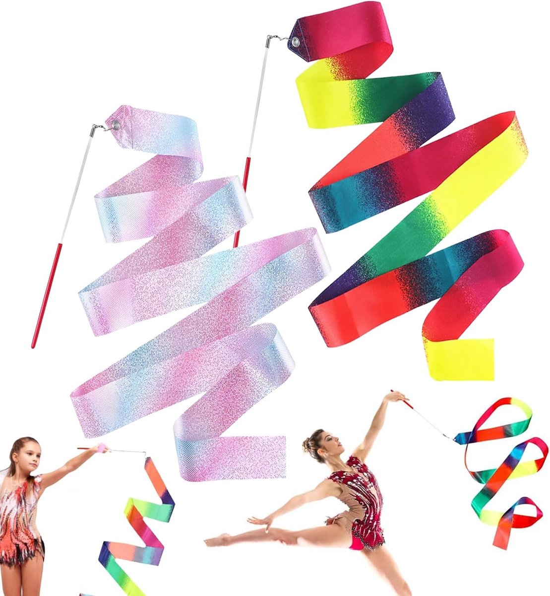 Gymnastiekbanden 2 m - Regenboog en roze - Met kleurrijke handvatten - Voor danstraining en enthousiasme - SnelShoppen