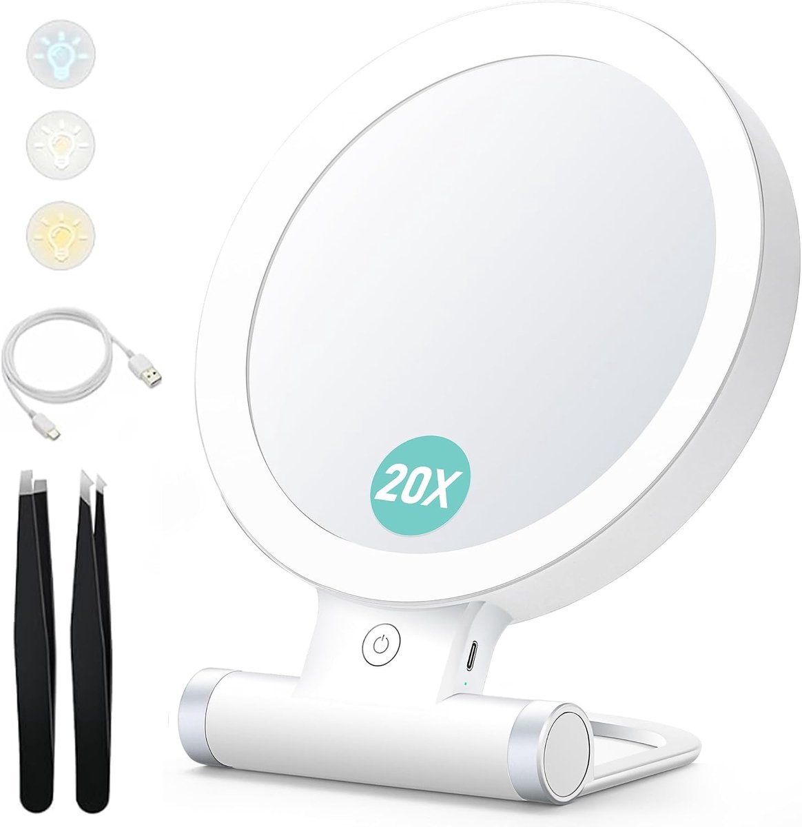 SnelShoppen - Verlicht Make-up Spiegel met Vergroting 20X/1X, Dimbare Touchscreen, Dubbelzijdig Tafelspe Spiegel voor Thuis en Reizen, 3 Kleurenschema