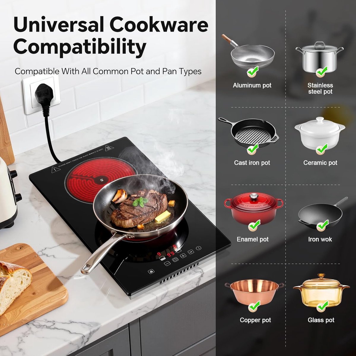 Keramische kookplaat - Inbouw kookplaat - Koken en bakken - Touch control timer - 30 cm breed - Mattes zwart