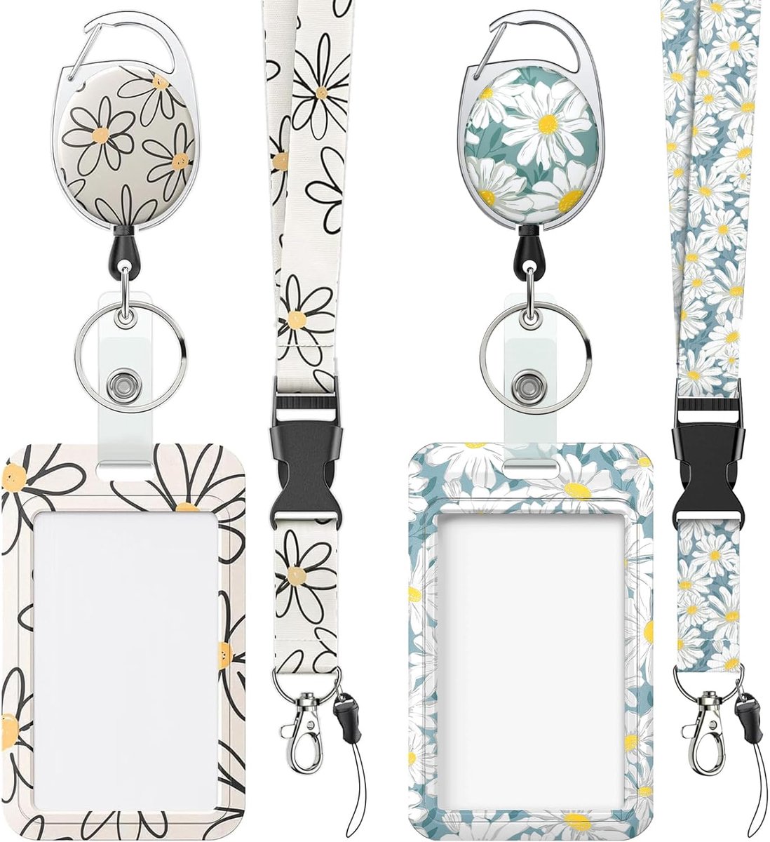 SnelShoppen - 2 Stuks ID Kaarthouder met Wit Blauw Bloemenpatroon, Plastic Bescherming met Uittrekbare Badge Reel Carabiner Clip en Afneembare Lanyard