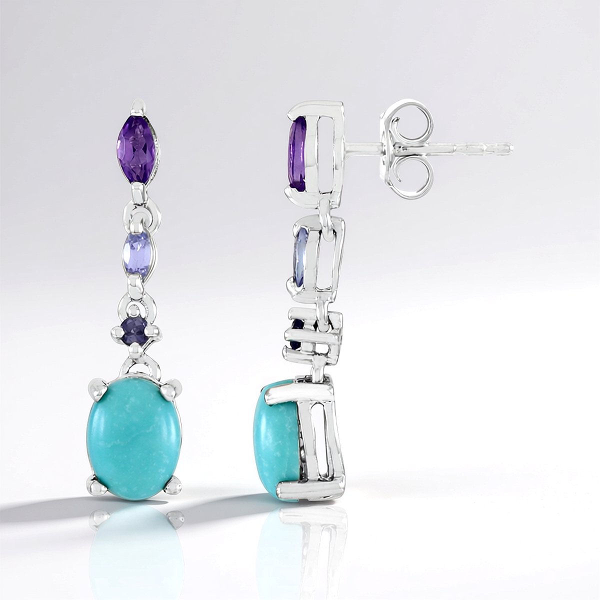 Cavill - Oorbellen 925 Sterling Zilver - 2,233 ct Campitos Turkoois - Amethist & Tanzaniet Accenten - Elegante Mexicaanse Sieraden