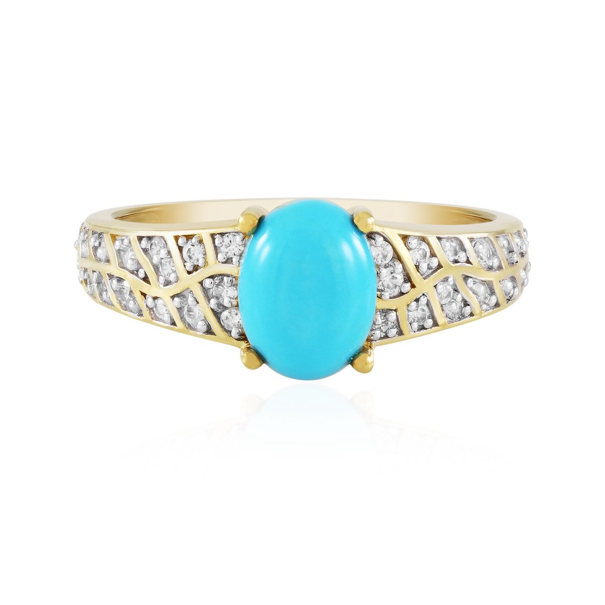 Cavill - 925 Sterling Zilver Verguld - 1,17 Ct Sleeping Beauty Turkoois Ovaal Cabochon - 0,25 Ct Zirkonia's - Elegante Damesring - Turkoois Sieraden