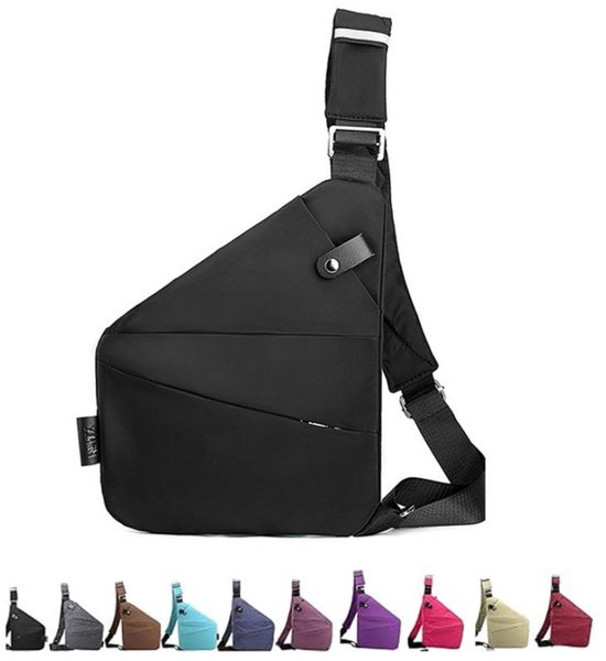 Zwarte sling bag met een enkele schouderband. Getoond naast een reeks van gekleurde sling bags.