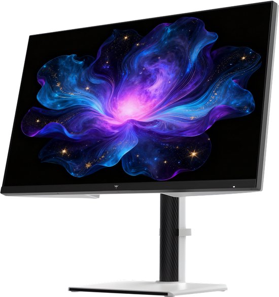 Schuine weergave van een monitor met een levendige, kosmische bloem op het scherm. De monitor heeft een slank, zilverkleurig ontwerp met een zwarte standaard.