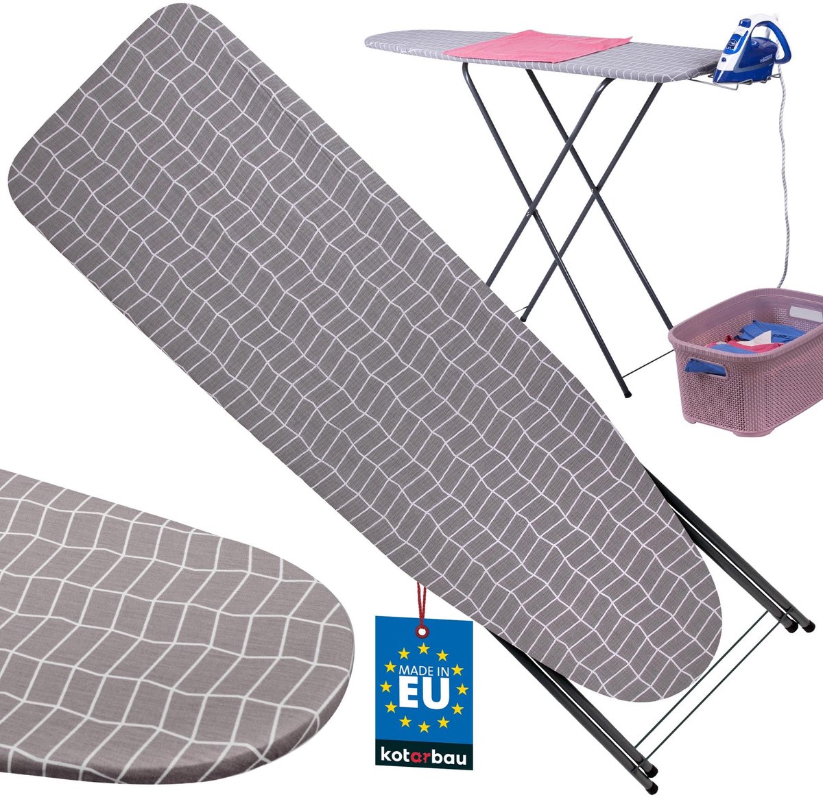KOTARBAU® Inklapbare Strijkplank - Verstelbare Strijkplank 104 x 30 cm - Strijkplank voor Stoomgenerator - Grijs Ruitpatroon