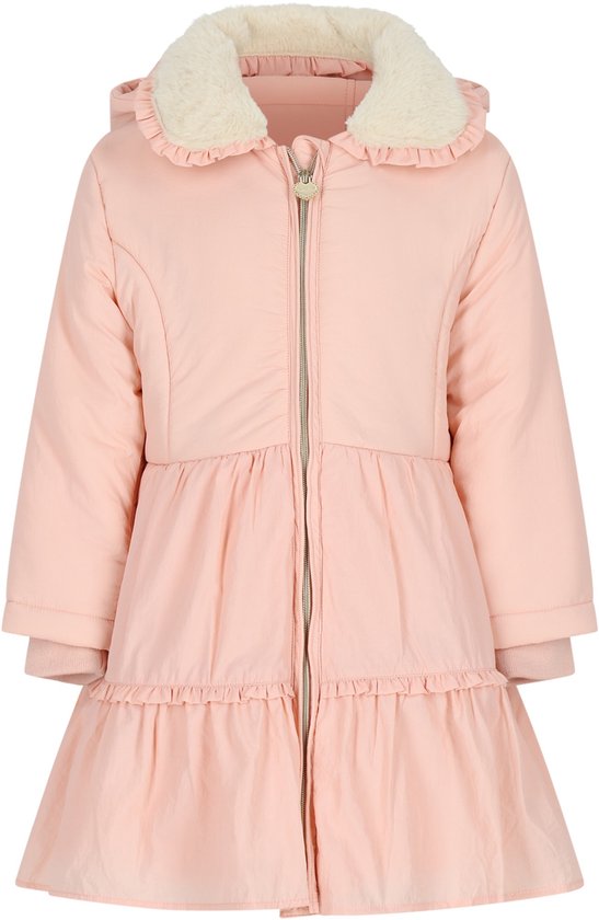 Roze winterjas van Le Chic met rits, witte fleece kraag en ruches.
