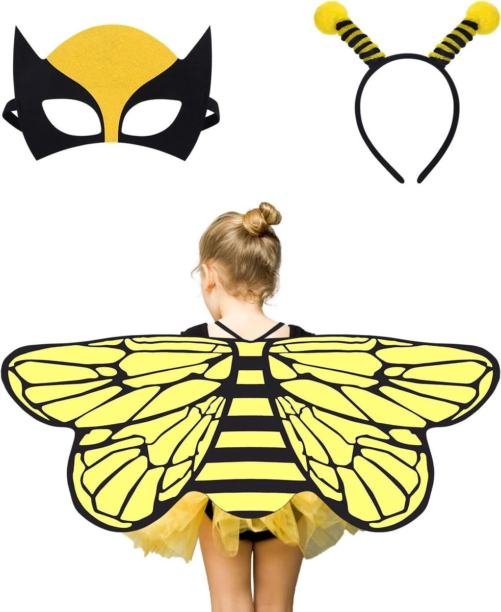 3-delig kostuum voor kinderen met cape, masker en hoofdband - Feestoutfit voor Halloween, carnaval en prinsessenfeestjes met vleugels en poncho