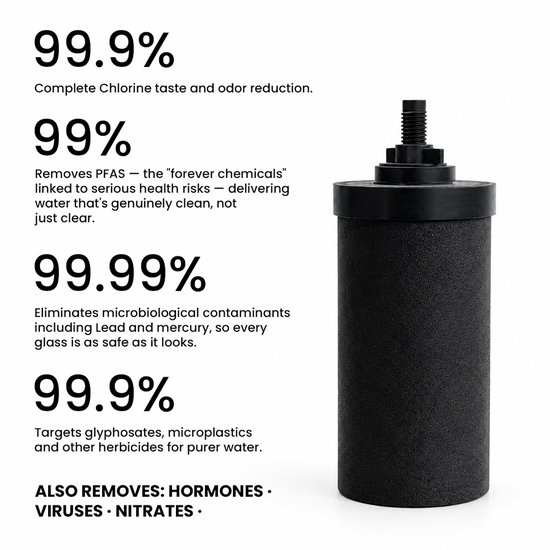 Koolstoffilter van de Phoenix Gravity 1 liter met de reductiepercentages voor chloor, PFAS, microbiologische verontreiniging en glyfosaat