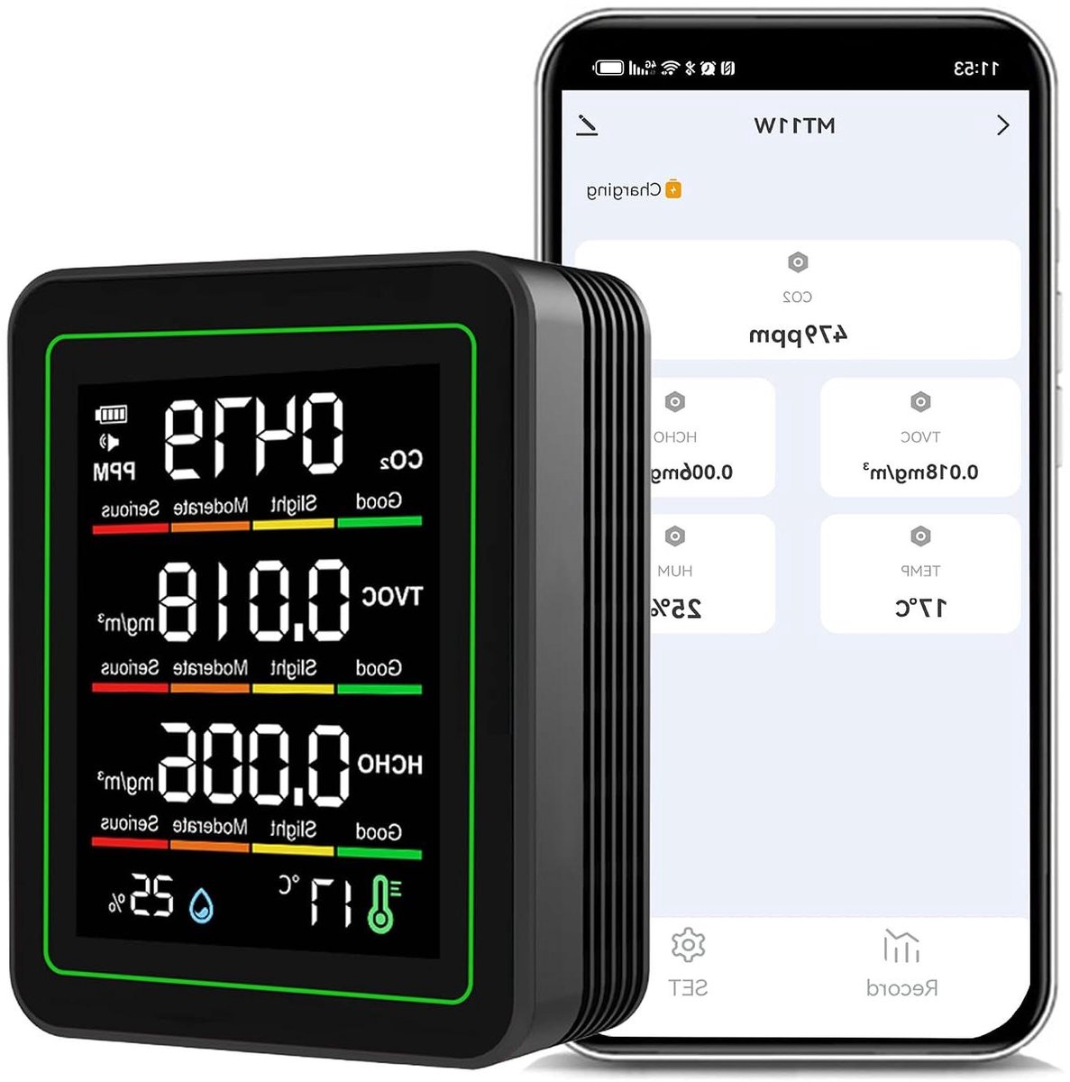 Luchtkwaliteit Monitor - CO2 Meter - Omgeving Meten - App Controle - 90 x 70 x 35mm - Zwart