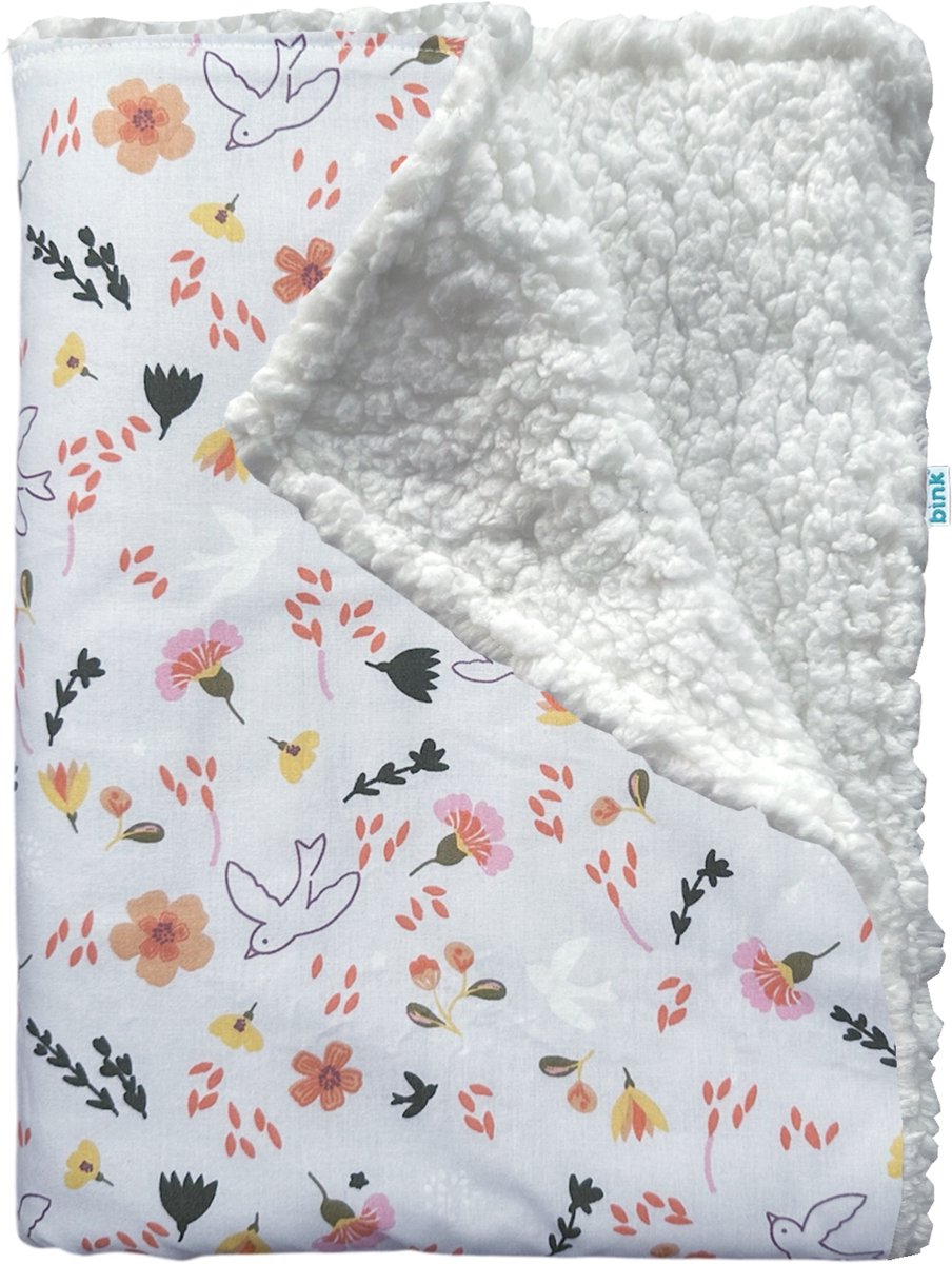 BINK Bedding Wiegdeken Saar- Kinderdeken - Katoen - Sherpa - Bloemen en vogels in pasteltinten - Babydeken - Gemaakt in Nederland - Deken - 75x100 cm
