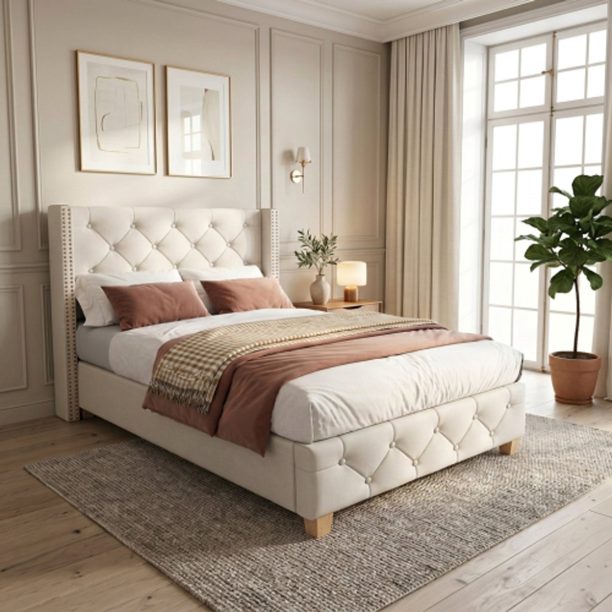 Linnen Eenpersoons Bedframe 90x200 cm met Hoofdbord & Lattenbodem - Klassiek Gepolsterd Bed met Knoopbekleding & Houten Poten - Beige