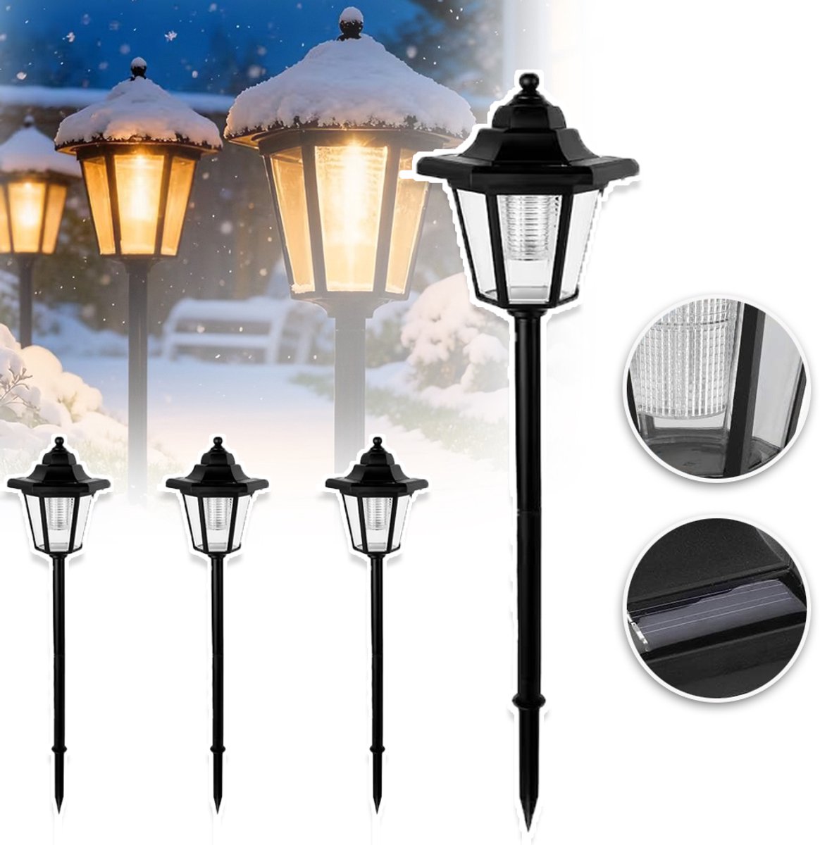 Set Van 4 Solar Tuinlampen Met Retro Zeshoekig Design - Automatisch Aan/Uit Waterdicht Grondpen - 41 cm Warm Wit Licht Voor Paden En Bloemperken
