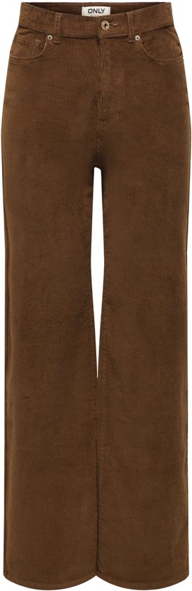 Pantalon marron en velours côtelé à jambes larges, taille haute et fermeture à bouton.