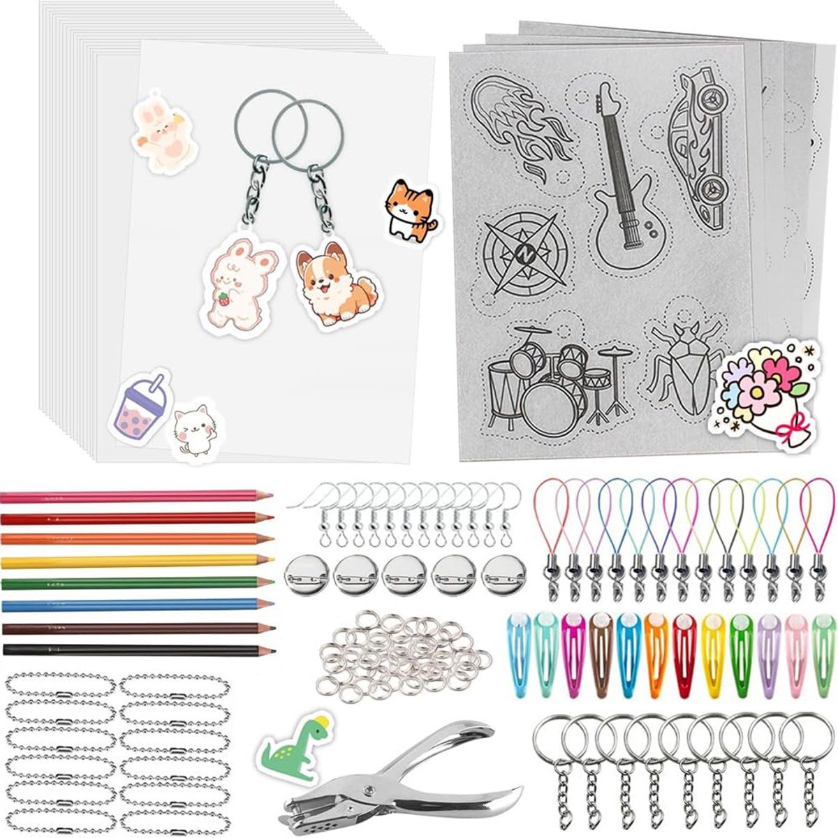 Namajunas - 148 Pcs A5 Krimpfolie Knutselpakket - Krimpfolie Set - Krimpfolie - Krimpfolie Sleutelhangers - Sleutelhanger - Knutselen Voor Kinderen - Knutselen Meisjes & Jongens - Sieraden Maken - Haarclip - Oorbellen Maken - Met Gaatjestang