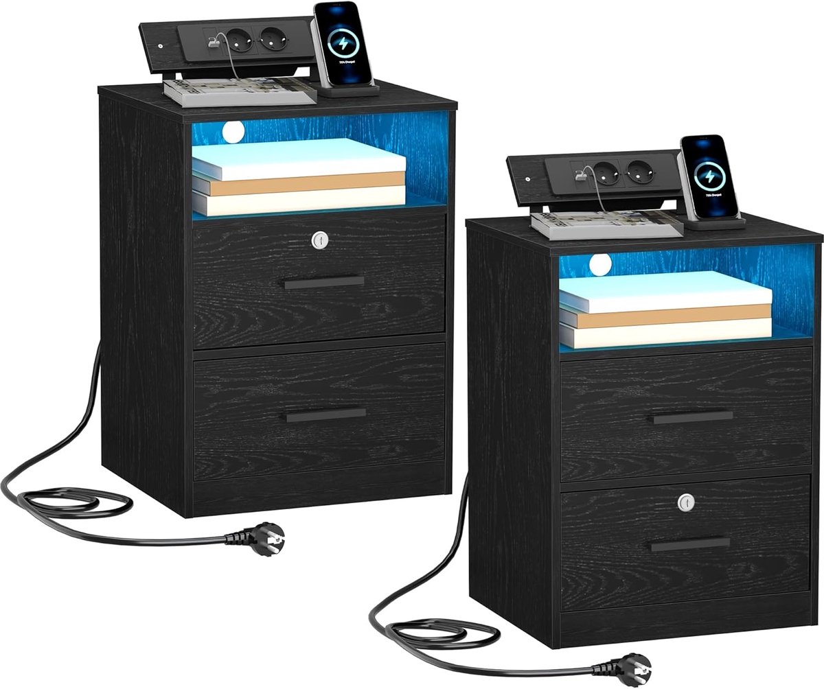 Hzuaneri Nachtkastje Set van 2 met Oplaadstation, USB- en Type C-Poorten, Bijzettafel met LED-Verlichting, 1 Open vak en 2 Laden, Voor Slaapkamer, Woonkamer, Zwart