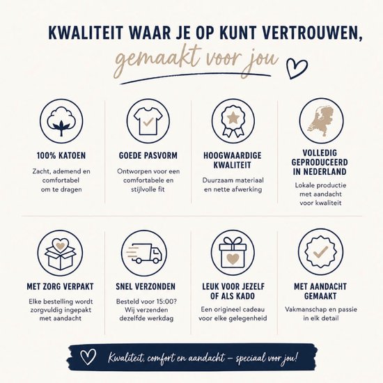 Infographic met 8 iconen over producteigenschappen: 100% katoen, goede pasvorm, hoge kwaliteit, geproduceerd in NL, met zorg verpakt, snel verzonden, leuk kado, met aandacht gemaakt.