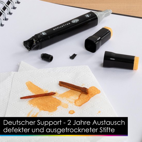 Zwarte twin marker met gele dop, deels gedemonteerd, met inktvlekken op papieren zakdoekjes.