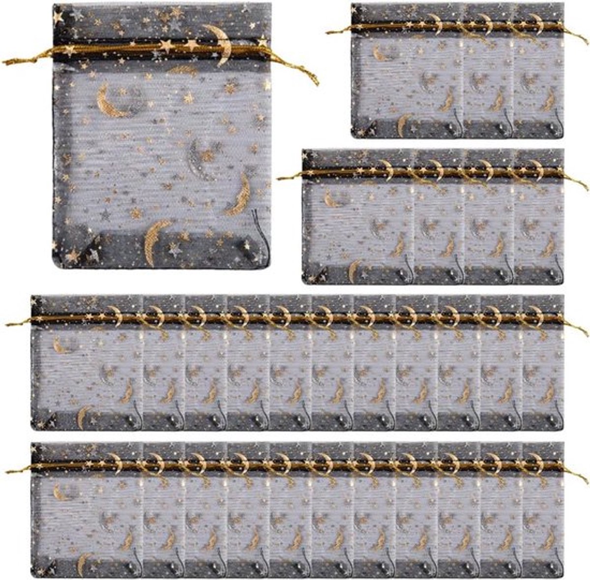 Set van 30 Organza Geschenktasjes met Treksluiting voor Trouwen, Feest en Cadeaus - 7 x 9 cm, Zwart met Hot Print