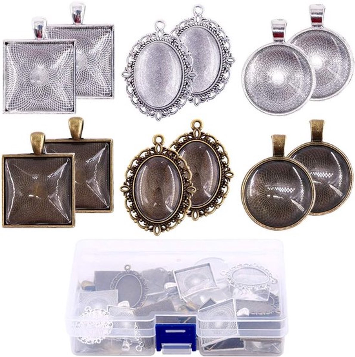 72 Stuks Ronde, Ovale en Vierkante Hanger Tray Sets met Glazen Cabochon voor Creatieve DIY Sieraden Maakprojecten