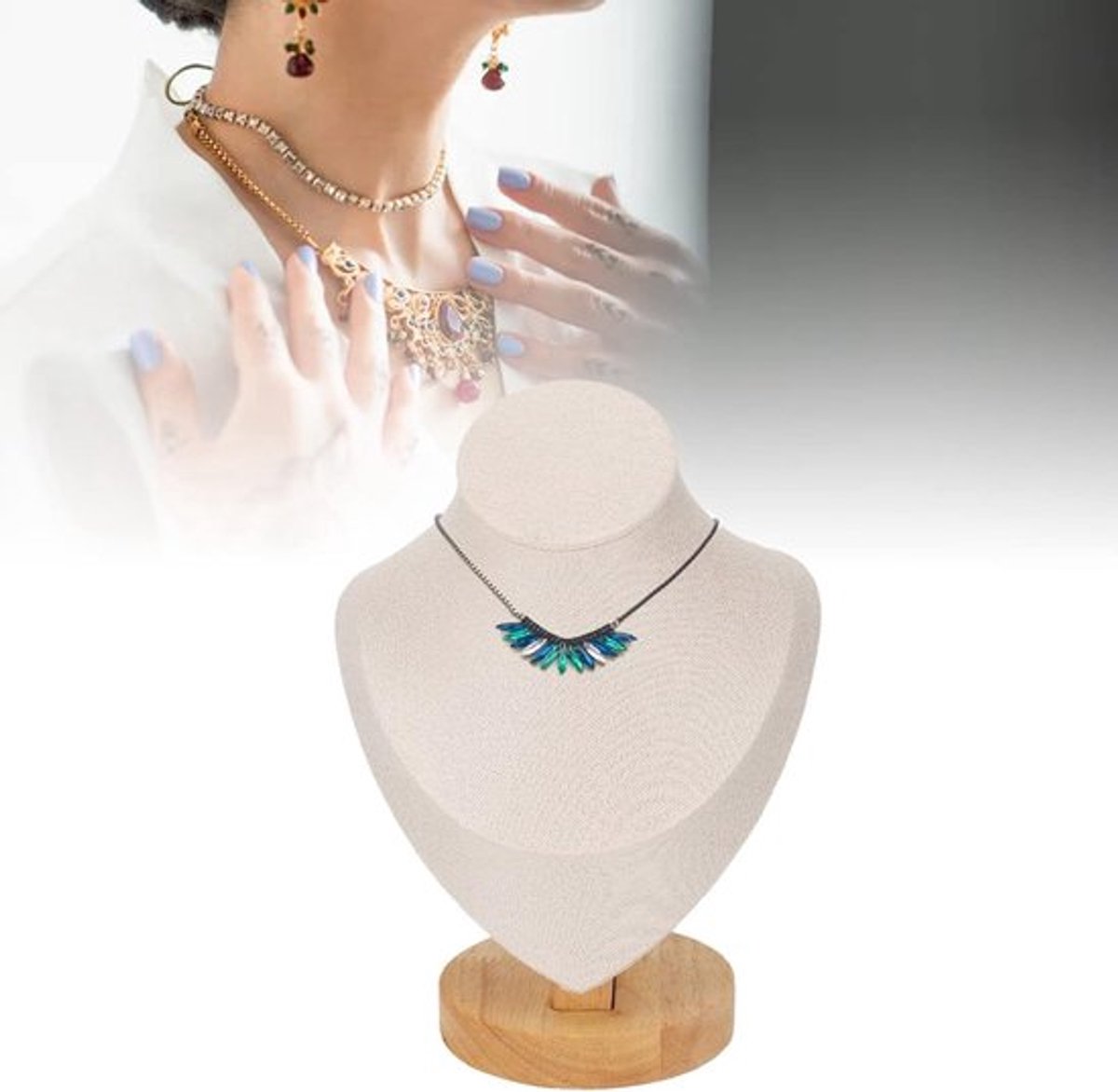 Kettingbeschermingshouder Logboek Flanel PU-Leren Standaard Linnen Sieraden Bust Mannequin voor Winkels en Beurzen - Luxe Faux Medium Kettinghouder voor Kettingen en Halskettingen in Zwart (Beige)