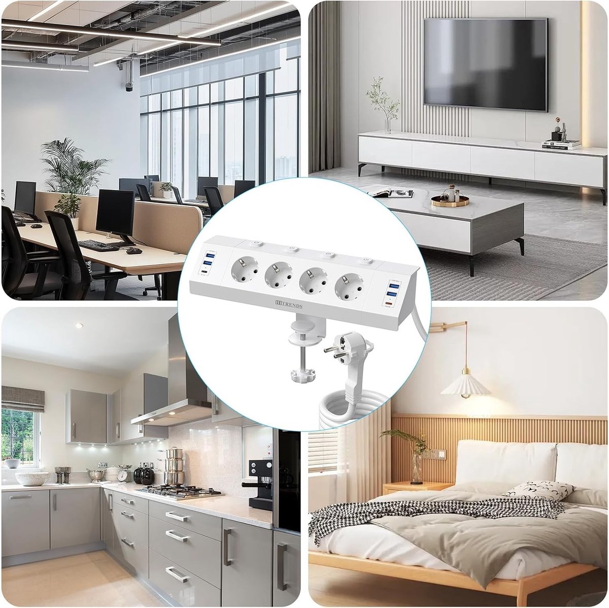 Tafelstopcontact met USB-C (PD 20W) - Wit - Tafelcontactdoos met 3 m Kabel - Voor Thuis, Kantoor of Keuken