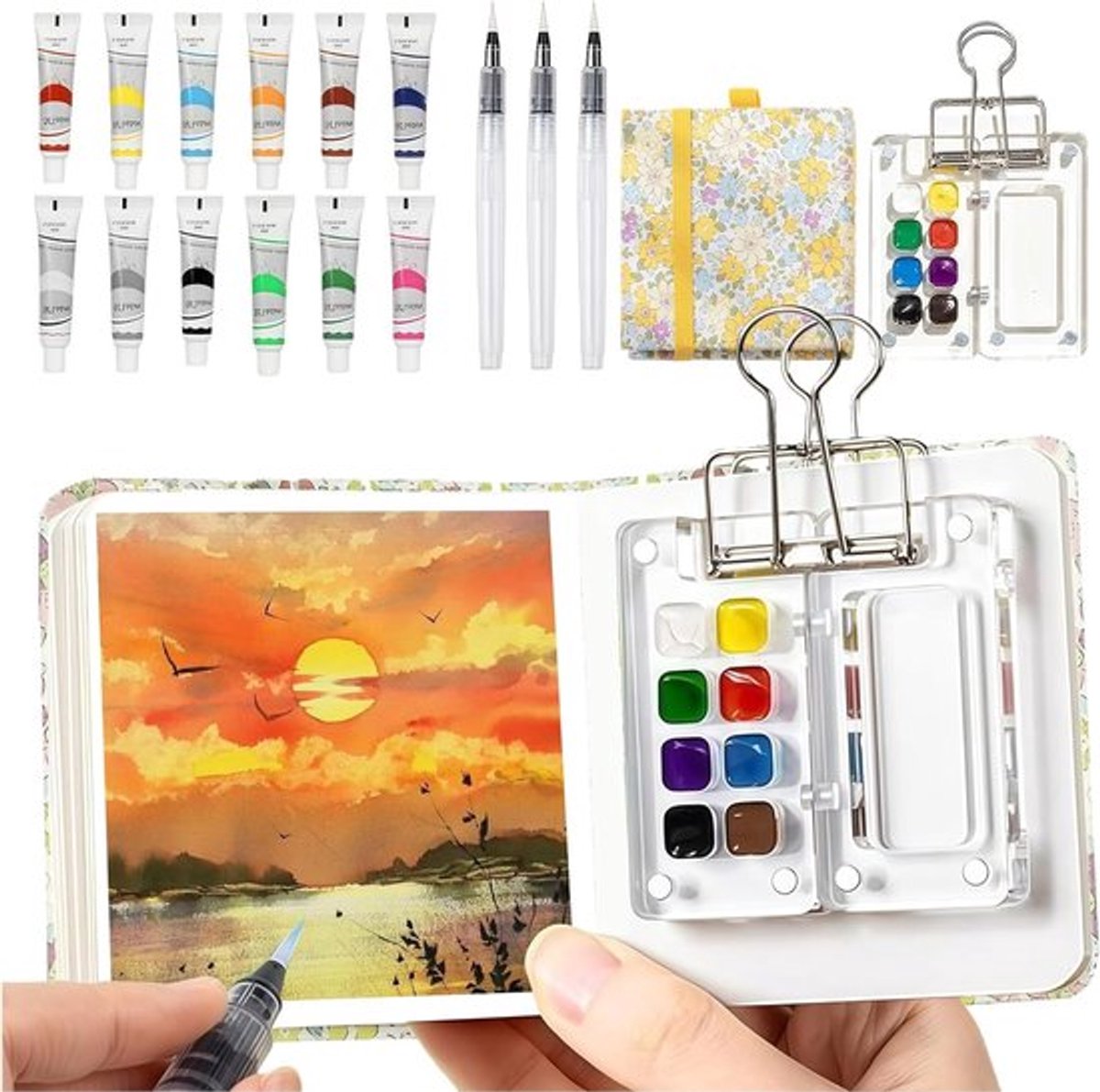 Complete Mini Watercolor Set met 12 Kleuren, Waterverf, Reisverfset, Inclusief Waterverfpapier en Pens Clip, Ideaal voor Kunstenaars en Schilderen