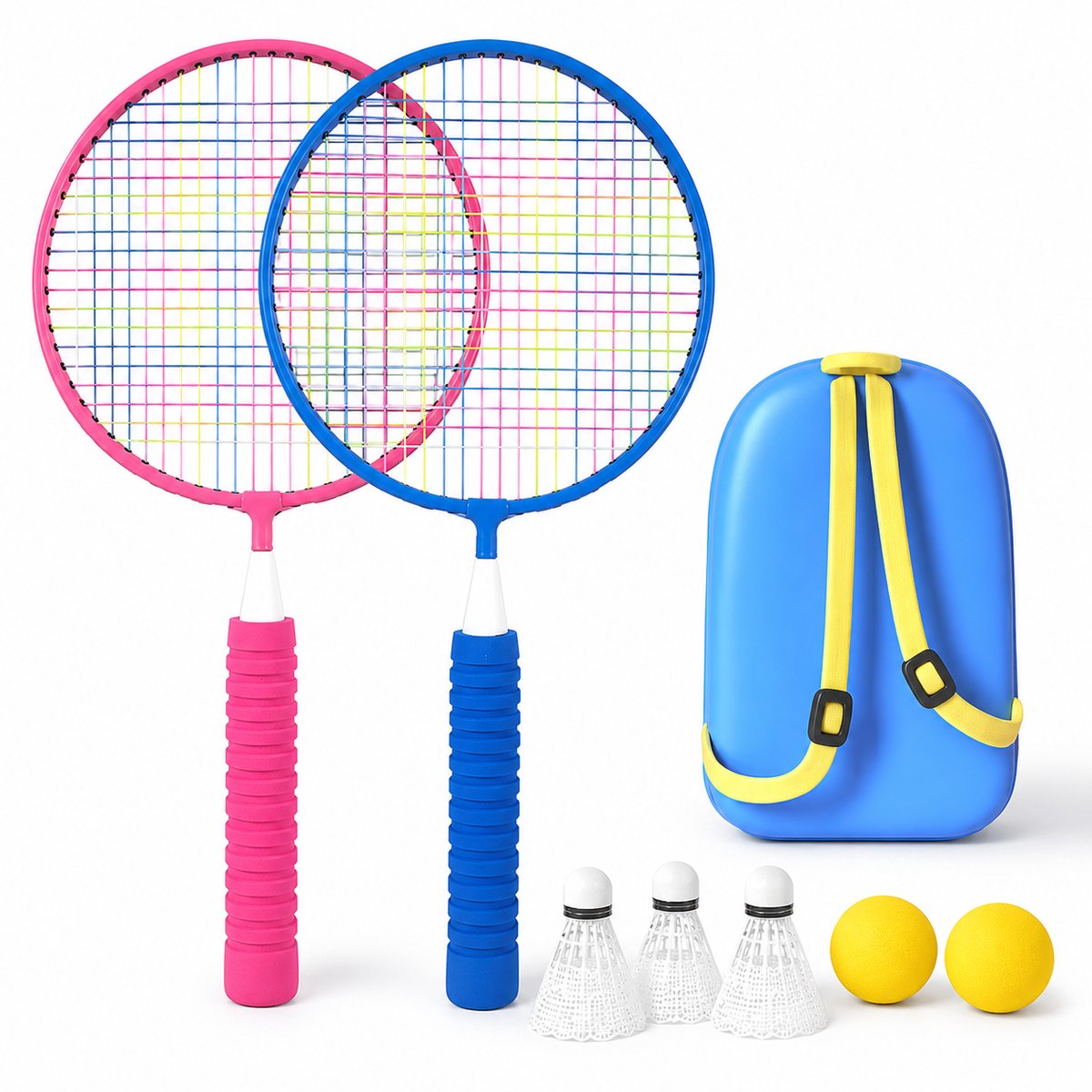 Bobypet - Badminton Set voor Kinderen vanaf 3 Jaar - 2-in-1 Kinder Tennisracket Set - Ultra-Lichtgewicht 90g met 3 Shuttles, 2 Ballen & Draagtas - Buitenspeelgoed voor Tuin & Park - Blauw & Roze