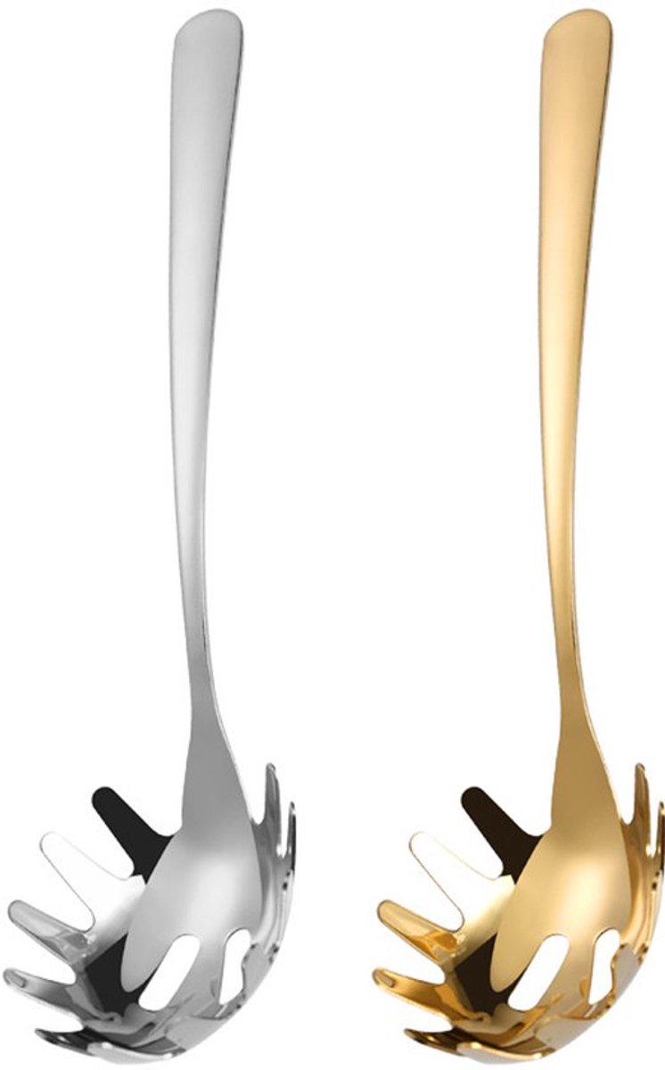 2 Stuks - Spaghettilepel - 26×6.5cm - Spaghetti Lepel - Pastaschep - RVS - Fondue Zeef - Pastalepel - Noedellepel - Noedelvork - Keukengerei - Profile Spaghettilepel - Spaghetti Opscheplepel - Gouden en zilver